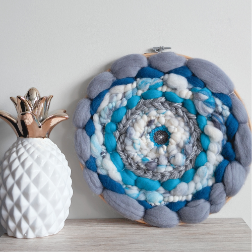 Round Coiled Art Yarn Fiber Wall Hanging - Grey Teal White Wall Decor