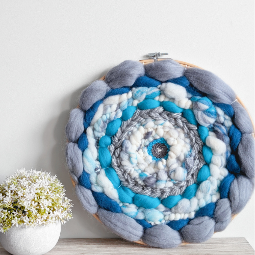 Round Coiled Art Yarn Fiber Wall Hanging - Grey Teal White Wall Decor