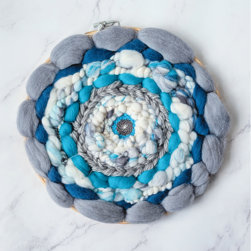 Round Coiled Art Yarn Fiber Wall Hanging - Grey Teal White Wall Decor