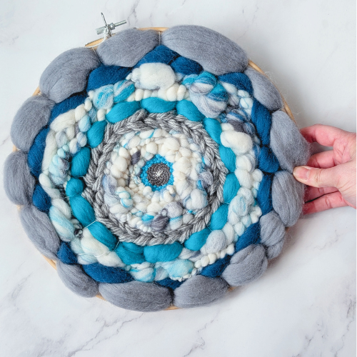 Round Coiled Art Yarn Fiber Wall Hanging - Grey Teal White Wall Decor