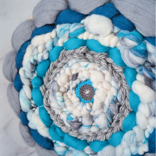 Round Coiled Art Yarn Fiber Wall Hanging - Grey Teal White Wall Decor