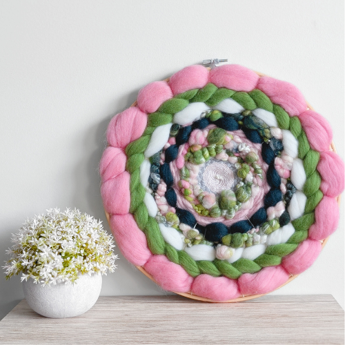 Round Coiled Art Yarn Fiber Wall Hanging - Pink Greens White Wall Decor