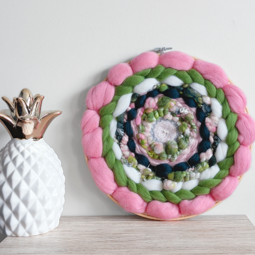 Round Coiled Art Yarn Fiber Wall Hanging - Pink Greens White Wall Decor