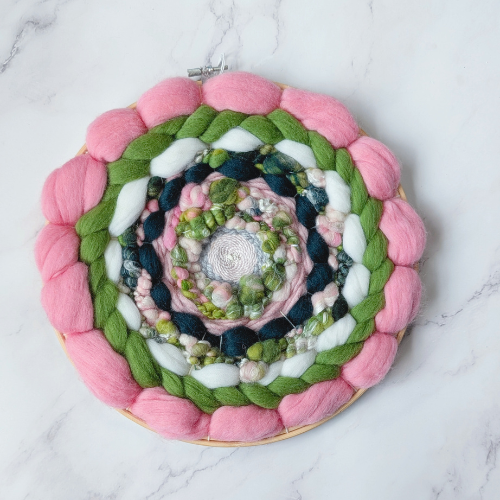 Round Coiled Art Yarn Fiber Wall Hanging - Pink Greens White Wall Decor