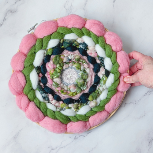 Round Coiled Art Yarn Fiber Wall Hanging - Pink Greens White Wall Decor