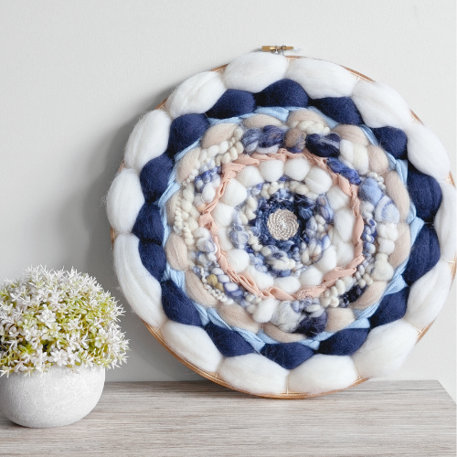 Round Coiled Art Yarn Fiber Wall Hanging - White Blue Beige Wall Décor