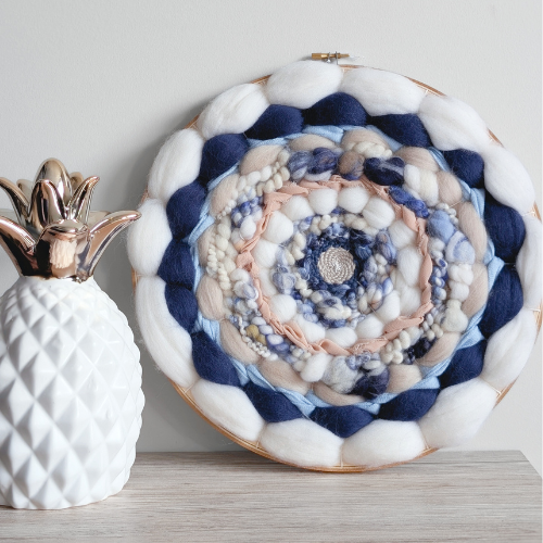 Round Coiled Art Yarn Fiber Wall Hanging - White Blue Beige Wall Décor