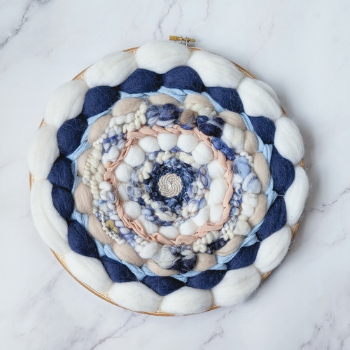 Round Coiled Art Yarn Fiber Wall Hanging - White Blue Beige Wall Décor