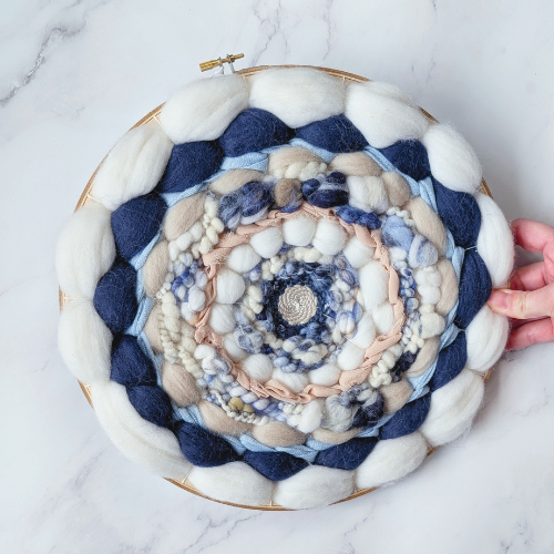 Round Coiled Art Yarn Fiber Wall Hanging - White Blue Beige Wall Décor