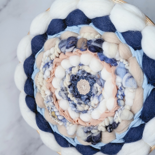 Round Coiled Art Yarn Fiber Wall Hanging - White Blue Beige Wall Décor