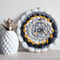 Round Coiled Art Yarn Fiber Wall Hanging - White Greys Mustard Wall Decor