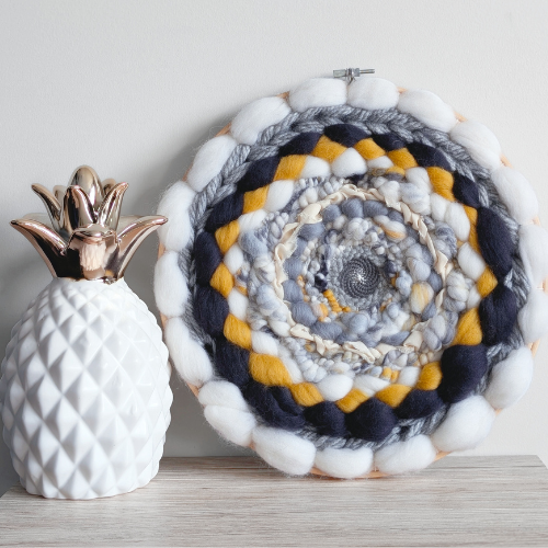 Round Coiled Art Yarn Fiber Wall Hanging - White Greys Mustard Wall Decor