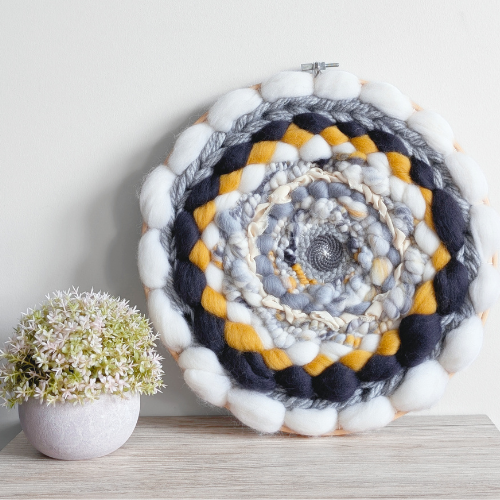 Round Coiled Art Yarn Fiber Wall Hanging - White Greys Mustard Wall Decor