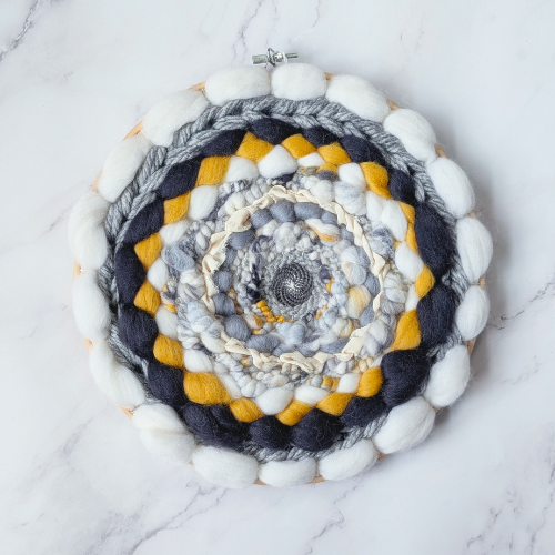 Round Coiled Art Yarn Fiber Wall Hanging - White Greys Mustard Wall Decor