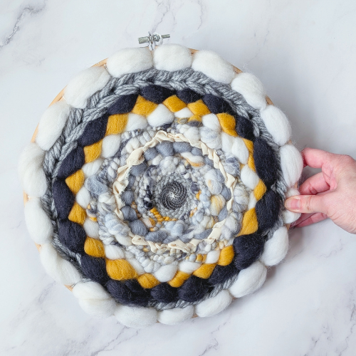 Round Coiled Art Yarn Fiber Wall Hanging - White Greys Mustard Wall Decor