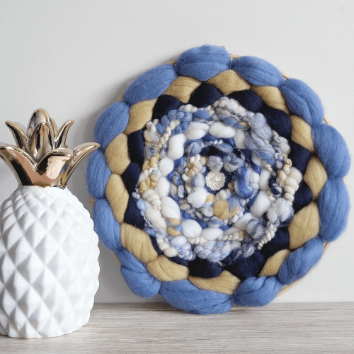 Handmade Round Coiled Art Yarn Fiber Wall Hanging - Blue White Yellow Wall Décor
