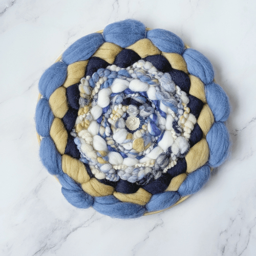 Handmade Round Coiled Art Yarn Fiber Wall Hanging - Blue White Yellow Wall Décor