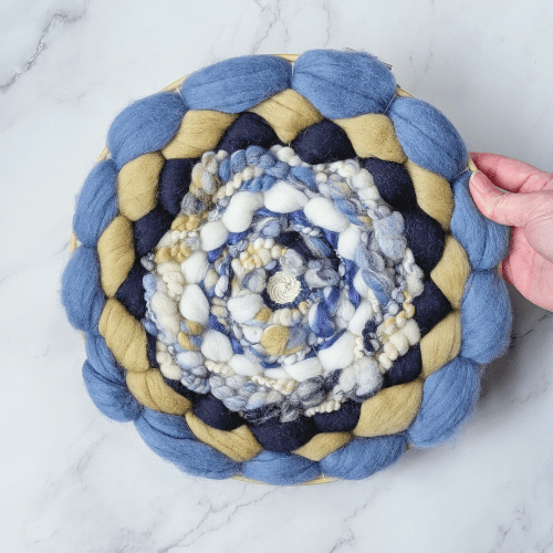 Handmade Round Coiled Art Yarn Fiber Wall Hanging - Blue White Yellow Wall Décor