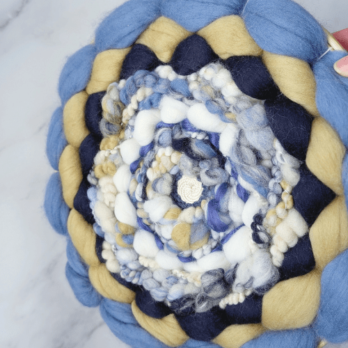 Handmade Round Coiled Art Yarn Fiber Wall Hanging - Blue White Yellow Wall Décor
