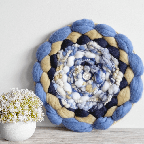 Handmade Round Coiled Art Yarn Fiber Wall Hanging - Blue White Yellow Wall Décor