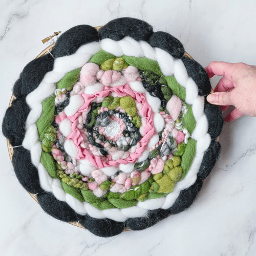 Handmade Round Coiled Art Yarn Fiber Wall Hanging - Green White Pink Wall Décor