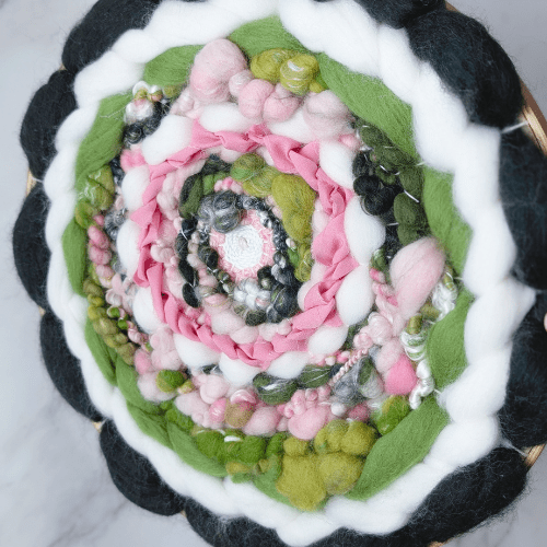 Handmade Round Coiled Art Yarn Fiber Wall Hanging - Green White Pink Wall Décor