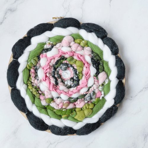 Handmade Round Coiled Art Yarn Fiber Wall Hanging - Green White Pink Wall Décor