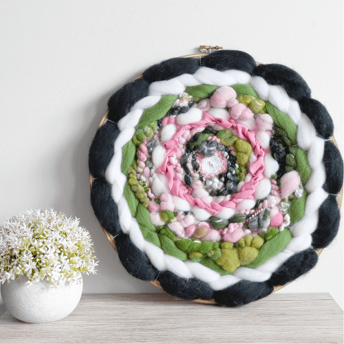 Handmade Round Coiled Art Yarn Fiber Wall Hanging - Green White Pink Wall Décor