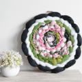 Handmade Round Coiled Art Yarn Fiber Wall Hanging - Green White Pink Wall Décor