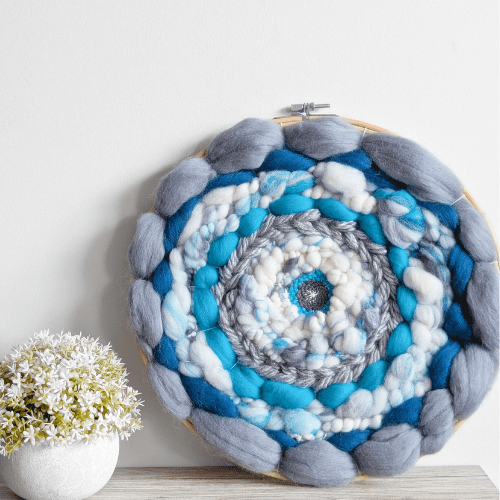 Coiled Art Yarn | Round Wall Hanging | Grey Teal White Wall Decor - BlueRhubarb