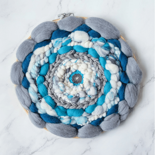 Handmade Round Coiled Art Yarn Fiber Wall Hanging - Grey Teal White Wall Decor