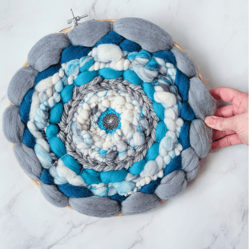 Handmade Round Coiled Art Yarn Fiber Wall Hanging - Grey Teal White Wall Decor