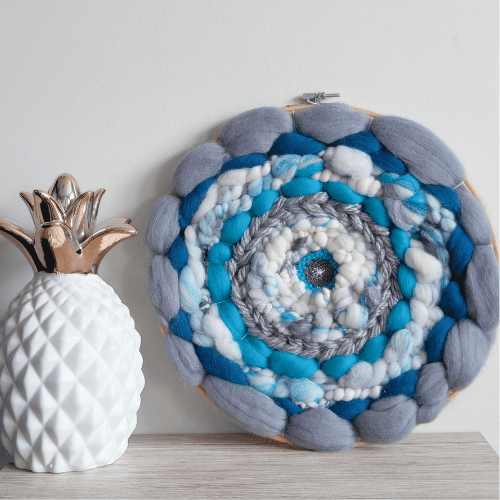 Handmade Round Coiled Art Yarn Fiber Wall Hanging - Grey Teal White Wall Decor