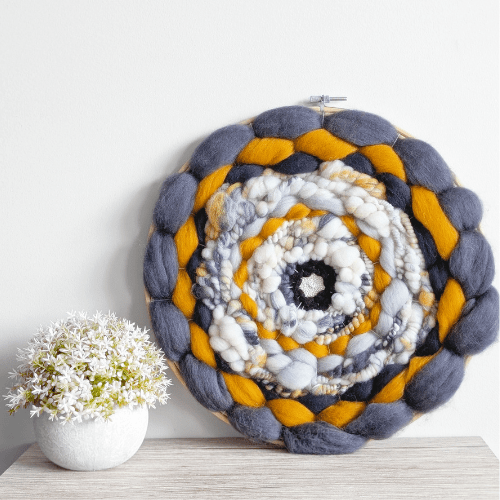 Handmade Round Coiled Art Yarn Fiber Wall Hanging - Grey White Yellow Wall Décor