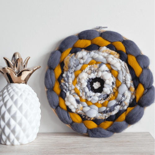 Handmade Round Coiled Art Yarn Fiber Wall Hanging - Grey White Yellow Wall Décor