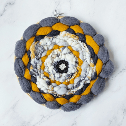 Handmade Round Coiled Art Yarn Fiber Wall Hanging - Grey White Yellow Wall Décor