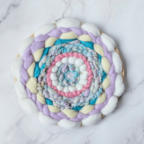 Coiled Art Yarn | Round Wall Hanging | Sparkle Pastel Rainbow Wall Décor - BlueRhubarb