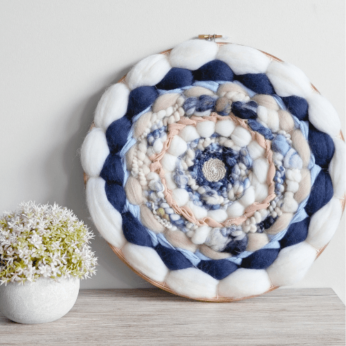 Handmade Round Coiled Art Yarn Fiber Wall Hanging - White Blue Navy Beige Wall Décor