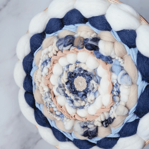 Handmade Round Coiled Art Yarn Fiber Wall Hanging - White Blue Navy Beige Wall Décor