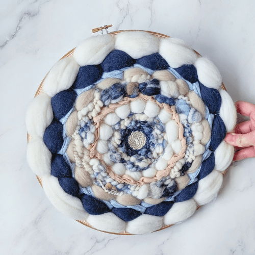 Handmade Round Coiled Art Yarn Fiber Wall Hanging - White Blue Navy Beige Wall Décor