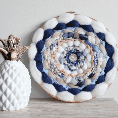 Handmade Round Coiled Art Yarn Fiber Wall Hanging - White Blue Navy Beige Wall Décor