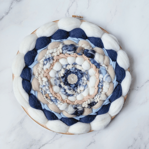 Handmade Round Coiled Art Yarn Fiber Wall Hanging - White Blue Navy Beige Wall Décor