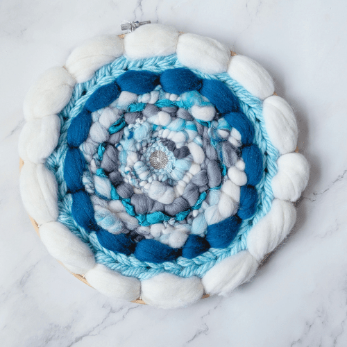Coiled Art Yarn | Round Wall Hanging | White Teal Gray Wall Décor - BlueRhubarb