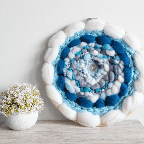 Coiled Art Yarn | Round Wall Hanging | White Teal Gray Wall Décor - BlueRhubarb