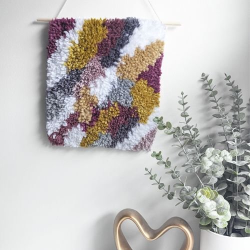 Handmade DIY Latch Hook Kit - Abstract Burgundy Palette - Modern Fiber Art