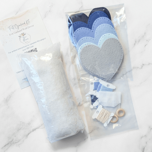 Handmade DIY Felt Heart Garland Kit - Blues and Grey Palette - Heart Garland