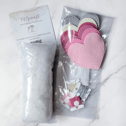 Handmade DIY Felt Heart Garland Kit - Pinks and Grey Palette - Heart Garland