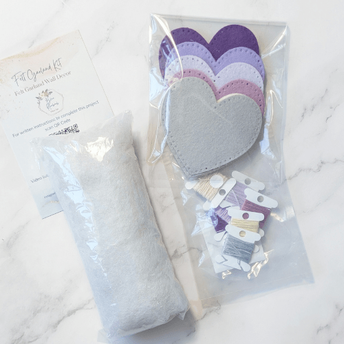 Handmade DIY Felt Heart Garland Kit - Purples and Grey Palette - Heart Garland