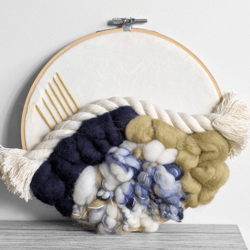 Handmade Round Woven Fiber Wall Decor - Yellows and Navy