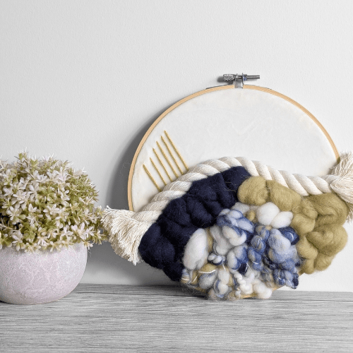Handmade Round Woven Fiber Wall Decor - Yellows and Navy
